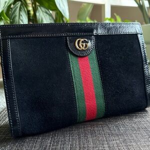 Gucci Ophidia Black Suede Shoulder Bag with Green and Red Stripe